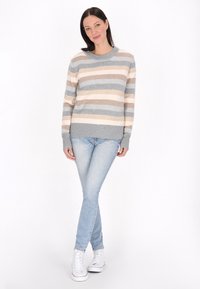 Strickpullover mit horizontalen Streifen in Beige, Grau und Blau, mit Rundhalsausschnitt und gerippten Bündchen, kombiniert mit hellblauen Jeans und weißen Sneakern.