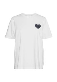 T-shirt en coton blanc avec une coupe décontractée et des manches courtes, doté d'un détail brodé en forme de cœur bleu marine sur la poitrine gauche.