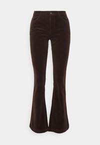 Bruna kordfloddsbyxor med hög midja och utsvängd ben. Har framfickor och knäppning med knapp. Slätt tyg med en lätt ådrad mönstring.