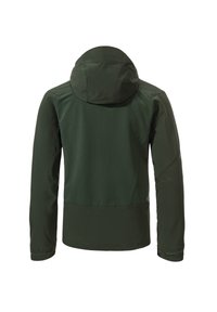 Dunkelgrüne Kapuzenjacke mit glatter, matter Textur und Nahtdetails, mittellang geschnitten und mit elastischen Bündchen.