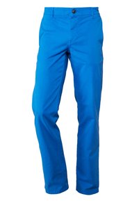 Blå bomullslångbyxor med rak passform, som har knappstängning och sidofickor. Slät textur och enhetlig färg.