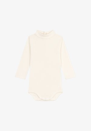 Babyromper met lange mouwen in crèmekleur, met een hoge kraag en drukknoopjes aan de achterkant en onderaan voor makkelijk aan- en uitkleden en luierwissel.