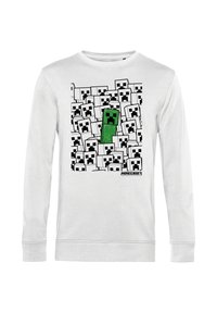 Felpa bianca con stampa grafica di personaggi di Minecraft, con un creeper verde al centro circondato da piccoli volti in bianco e nero.