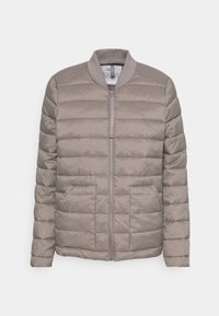 Quilted bomberjakke i lys grå, med en frontlynlås, ribbet krave og to sidelommer. Blødt stof med markante syning linjer.