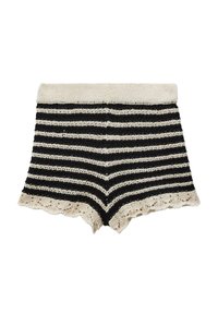 Shorts au crochet rayés en noir et crème avec un ourlet festonné. Texture douce, design ajusté, présentant des rayures horizontales alternées.