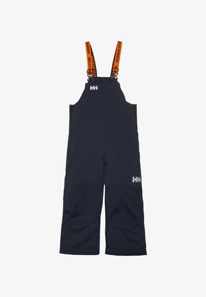 Navy waterdichte overall met verstelbare oranje banden. Voorzien van twee zijpanelen, ritsen en opvallende witte logo details.