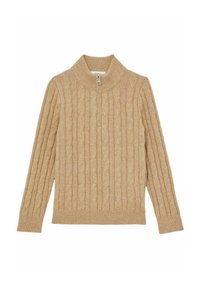 Pull en tricot beige avec manches longues, poignets et ourlet côtelés, et col zippé à moitié, posé à plat sur un fond blanc.