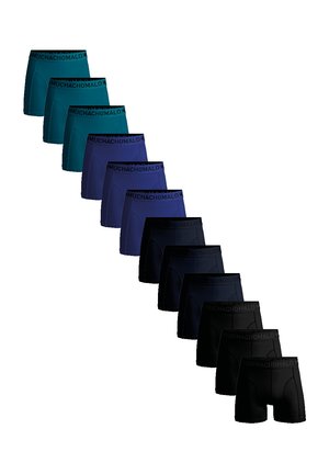 Series of men's boxer shorts in varying colors: teal, dark blue, navy, and black. Each features a black branded waistband.