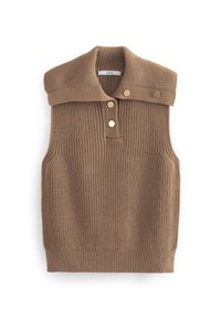 Pull sans manches en tricot de couleur brun clair, comprenant un grand col côtelé, trois boutons dorés et des poches latérales. Design texturé et décontracté.