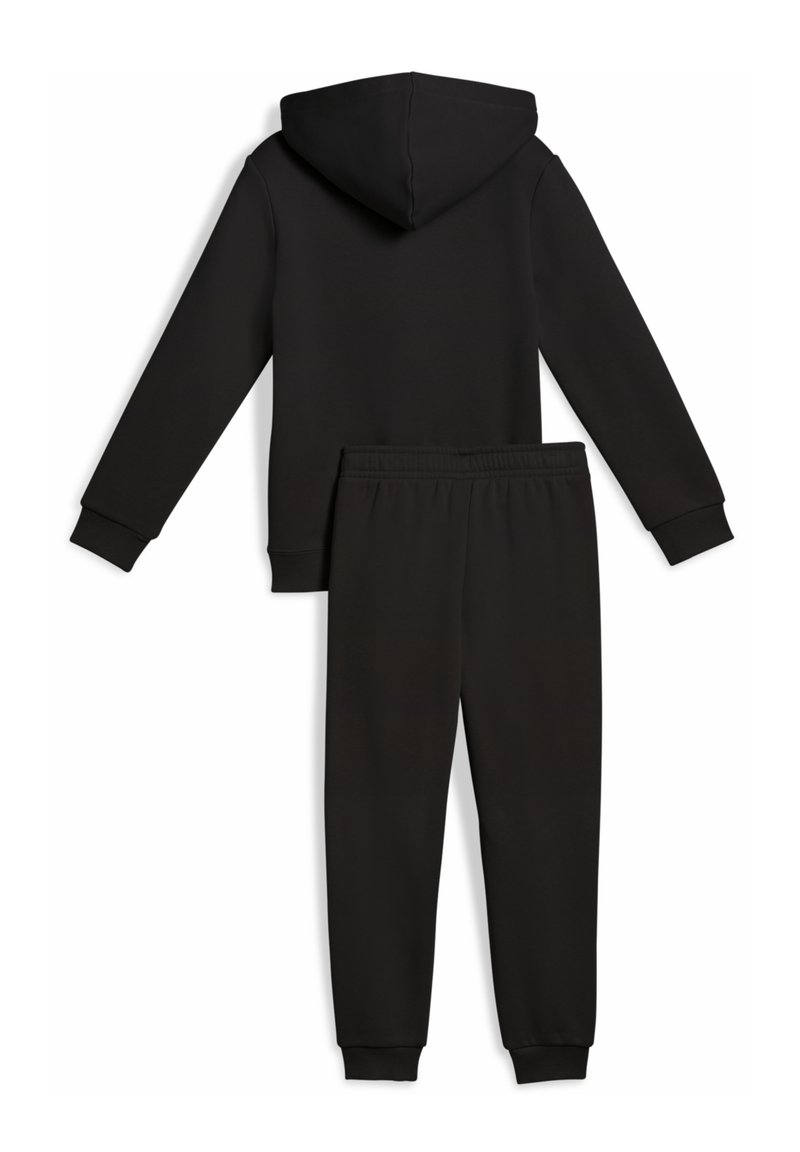 Schwarzes Hoodie- und Jogginghosen-Set. Das Hoodie hat eine Fronttasche und eine Kapuze mit Kordelzug. Die Hose hat einen elastischen Bund und Bündchen an den Knöcheln.