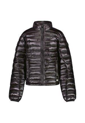 Black, puffy jacket with a high collar, zip closure, and elasticized cuffs. Made of shiny material with a quilted pattern.