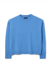 Blauwe katoenen trui met een ronde hals, lange mouwen en geribbelde manchetten en zoom. Glad textuur en verkorte ontwerp.