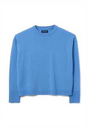 Maglione blu in cotone con scollatura rotonda, maniche lunghe e polsini e orlo a coste. Texture morbida e design corto.