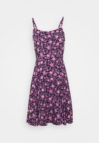 Blumenkleid mit dünnen Trägern, auf einem dunkelvioletten Hintergrund mit pinken Blumenmustern. Leichter, strukturierter Stoff mit weitem Rock.