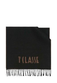 Sciarpa rettangolare nera con bordi frangiati, con logo "T' Classe" in lettere bronzee. Realizzata in materiale morbido con una trama liscia.