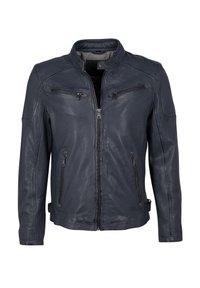 Giacca in pelle blu navy con colletto a risvolto, chiusura frontale con zip e quattro tasche con zip. Tessuto morbido e vestibilità su misura, cuciture rinforzate.