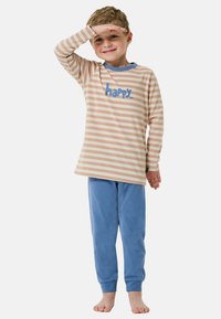 Striped long-sleeve pajama top in beige and white with blue trim, featuring the text "happy." Teal pajama pants in soft fabric.