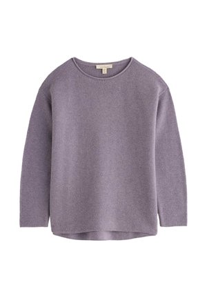 Maglione viola a maglia con scollatura rotonda, maniche lunghe e vestibilità rilassata. Presenta un motivo testurizzato e un orlo inferiore non rifinito.