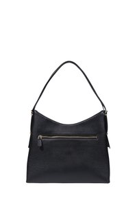 Borsa hobo nera con una texture liscia, forma curva e tasca con zip frontale. Presenta una sola tracolla e un design minimalista.