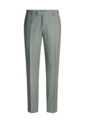 Pantalon gris clair avec un motif à carreaux subtil, coupe droite et plis. Fabriqué dans un tissu à texture lisse. Aucun élément métallique visible.