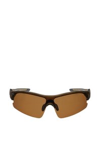 Hnědé sportovní sluneční brýle s lehkým, lesklým rámečkem a velkými, obdélníkovými hnědými skly. Mezi výrazné prvky patří obtočený design a zakřivené hrany.