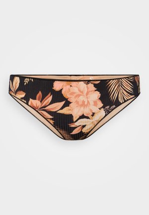 Bas de bikini noir avec une texture côtelée, présentant de grands motifs floraux pêches et crème et une ceinture beige contrastante.