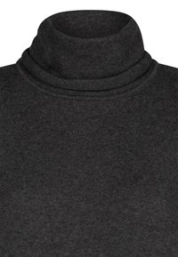 Dunkelgrauer Rollkragenpullover aus weichem, strukturiertem Gewebe. Mit einem doppellagigen Kragen und einer figurnahen Passform. Geeignet für legere Anlässe.