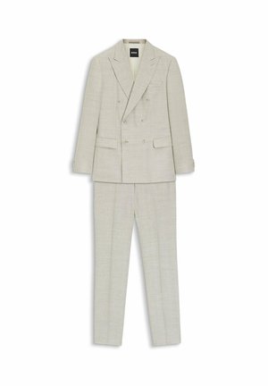 Light beige double-breasted blazer with matching tailored trousers, featuring notched lapels and flap pockets, laid flat on white background.