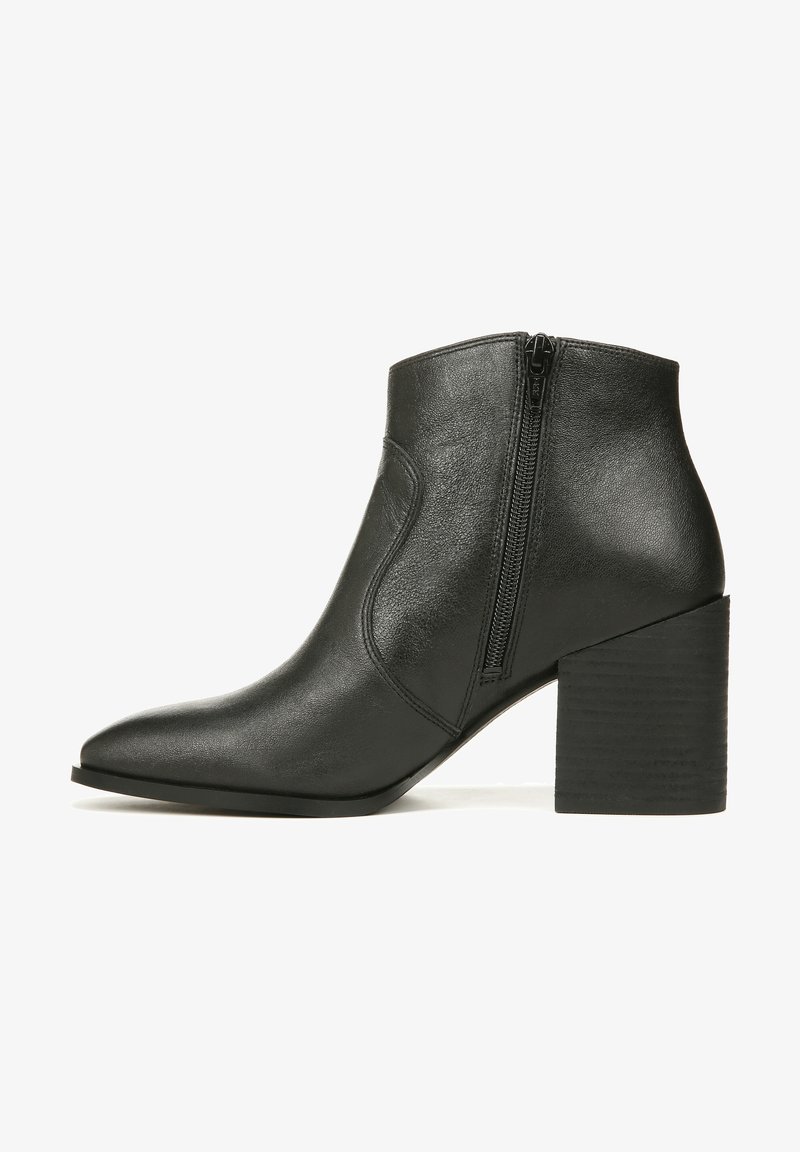 Schwarze Leder-Ankle-Boots mit spitzer Zehe, seitlichem Reißverschluss und einem gerippten Blockabsatz. Glatte Textur und elegantes Design.