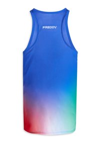 Canottiera blu con sfumatura ombré che sfuma verso il rosso e il verde. Tessuto liscio, design senza maniche, logo "FREDDY" bianco sul retro.