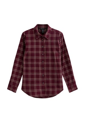 Bordeauxrood overhemd met lange mouwen, knopen, wit ruitpatroon en klassieke kraag, afgebeeld op een witte achtergrond.