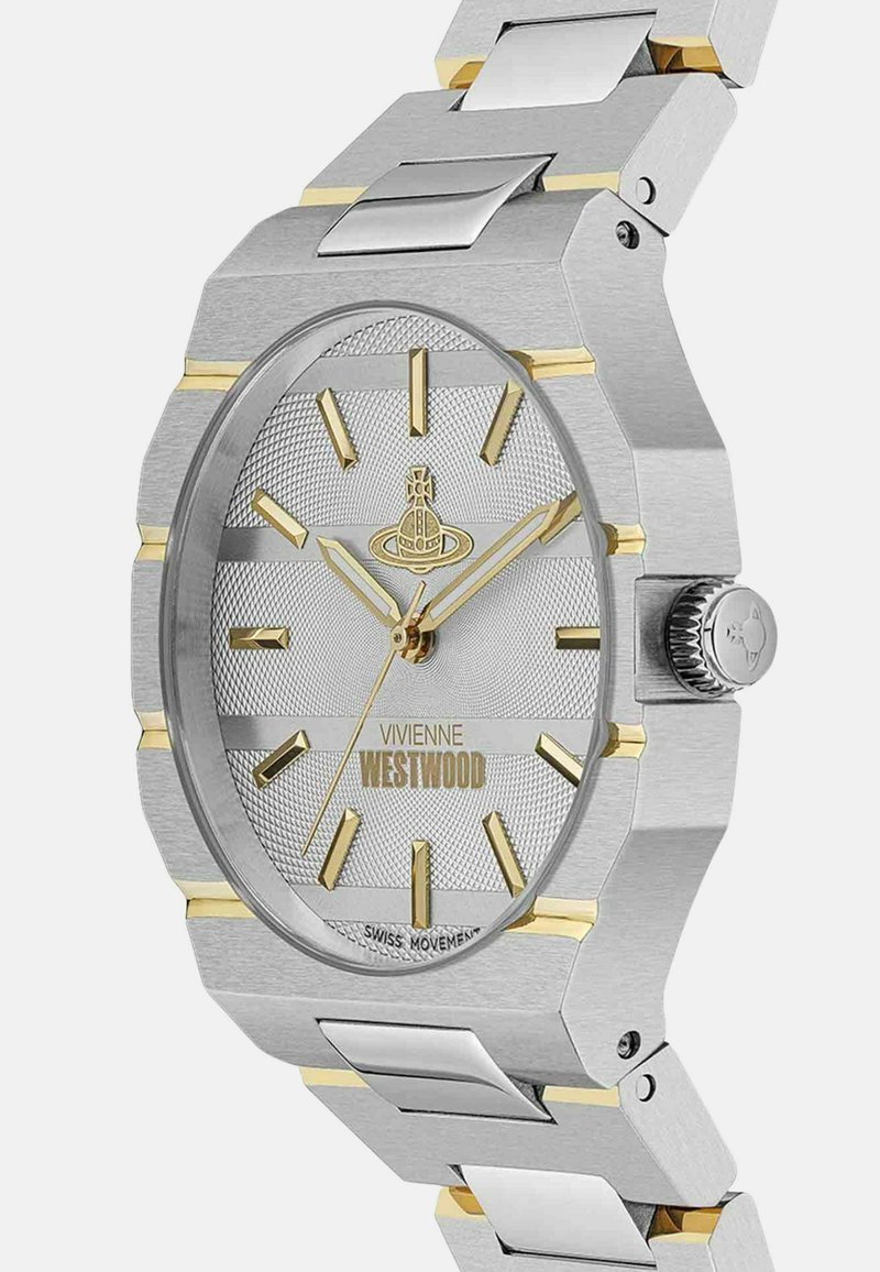 Silver stainless steel watch with octagonal case, gold accents, textured silver dial, and gold hour markers. Features a Swiss movement.