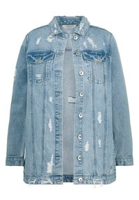 Ljusblå denimjacka med avslappnad passform, slitna detaljer, två bröstfickor och silverfärgade tryckknappar. Mjuk textur, fransad nederkant.