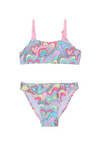 Set di bikini colorato con motivo a cuore in rosa, blu e verde; include un top bralette con spalline regolabili e culotte coordinate.