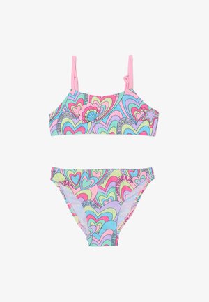 Kleurrijke bikini-set met een hartpatroon in roze, blauw en groen; inclusief een bralette-top met verstelbare bandjes en bijpassende onderkant.