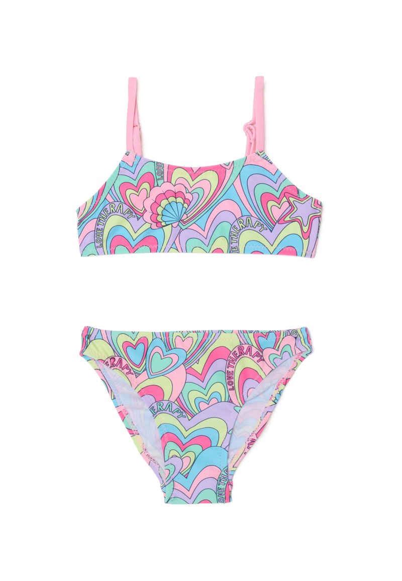 Set di bikini colorato con motivo a cuore in rosa, blu e verde; include un top bralette con spalline regolabili e culotte coordinate.