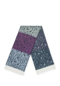 Sciarpetta testurizzata con una gradazione di colori: azzurro chiaro, viola e verde teal scuro. Estremità frangiate, con un motivo floreale su tutta la superficie.