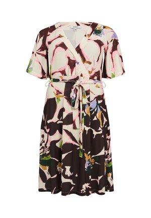 Bloemen wikkeljurk in lichte en donkere tinten, met korte mouwen, een getailleerde taille en een vloeiende rok met een mix van roze, groen en bruine kleuren.