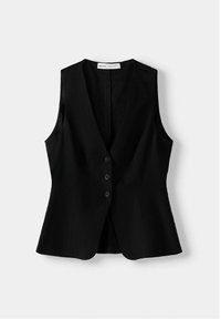 Svart ärmlös väst med V-nacke, femknappsförslutning fram, skräddarsydd design och mjuk textur. Inga synliga mönster eller detaljer.