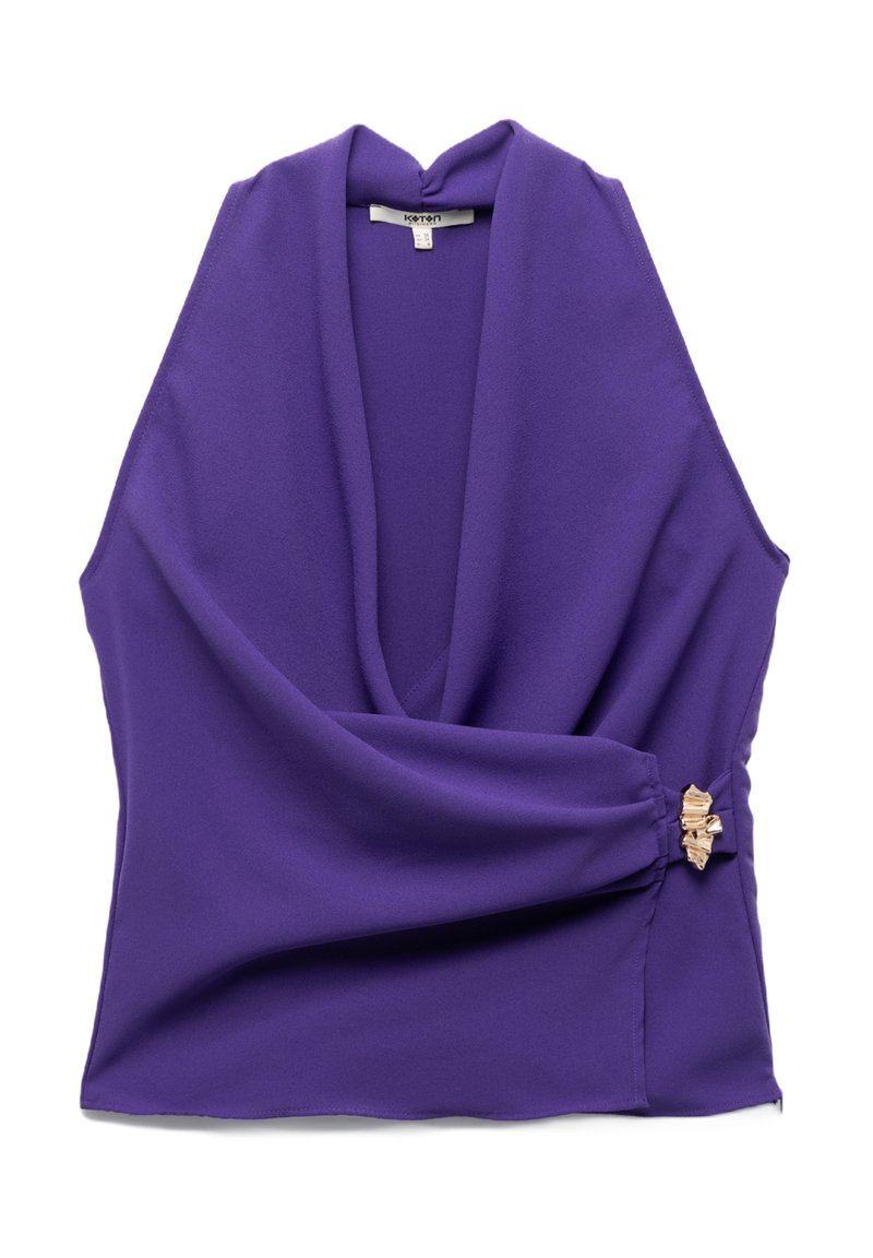 Top viola senza maniche con scollatura drappeggiata e lati arricciati. Presenta dettagli decorativi in metallo sul bordo per un tocco in più.