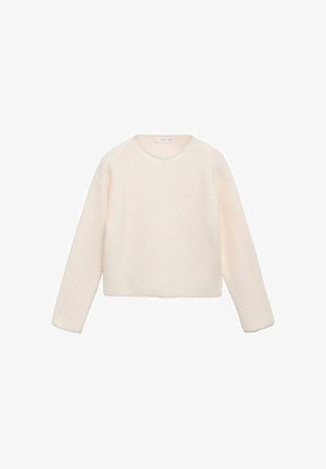 Sweter w kolorze kremowym, wykonany na drutach, z okrągłym dekoltem, długimi rękawami i lekko skróconym krojem. Miękka faktura z prążkowanymi detalami.