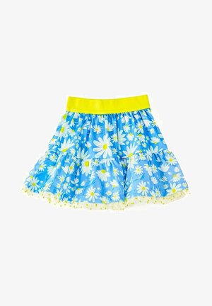 Blauer Blumenrock mit weißen Gänseblümchen und gelben Akzenten. Verspieltes Design mit glattem Bund und Besatz mit kleinen gelben Bommel.