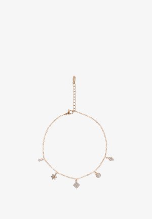 Bracciale in tonalità oro con cinque ciondoli pendenti: un fiore, una forma a diamante e tre modelli circolari decorati con strass.