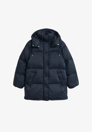 Marineblauer Steppjacke mit hohem Kragen, oversized Silhouette, Druckknöpfen und zwei seitlichen Taschen. Verfügt über eine abnehmbare Kapuze und einen Kordelzug.