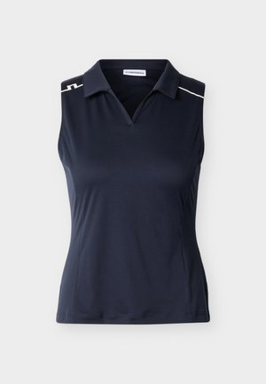 Polo sans manches en tissu bleu marine avec un col en V. Présente des accents blancs sur les épaules. Texture lisse, coupe ajustée.