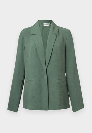 Light green textured single-button blazer with notch lapels and two front welt pockets, long sleeves, and a relaxed fit.