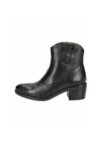 Bottine en cuir noir avec un bout arrondi, un petit talon carré, une fermeture éclair sur le côté et des détails de couture discrets le long des coutures.