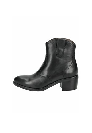 Bottine en cuir noir avec un bout arrondi, un petit talon carré, une fermeture éclair sur le côté et des détails de couture discrets le long des coutures.