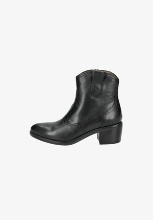 Stivale alla caviglia in pelle nera con punta arrotondata, tacco basso a blocco, cerniera laterale e dettagli di cucitura discreti lungo le cuciture.