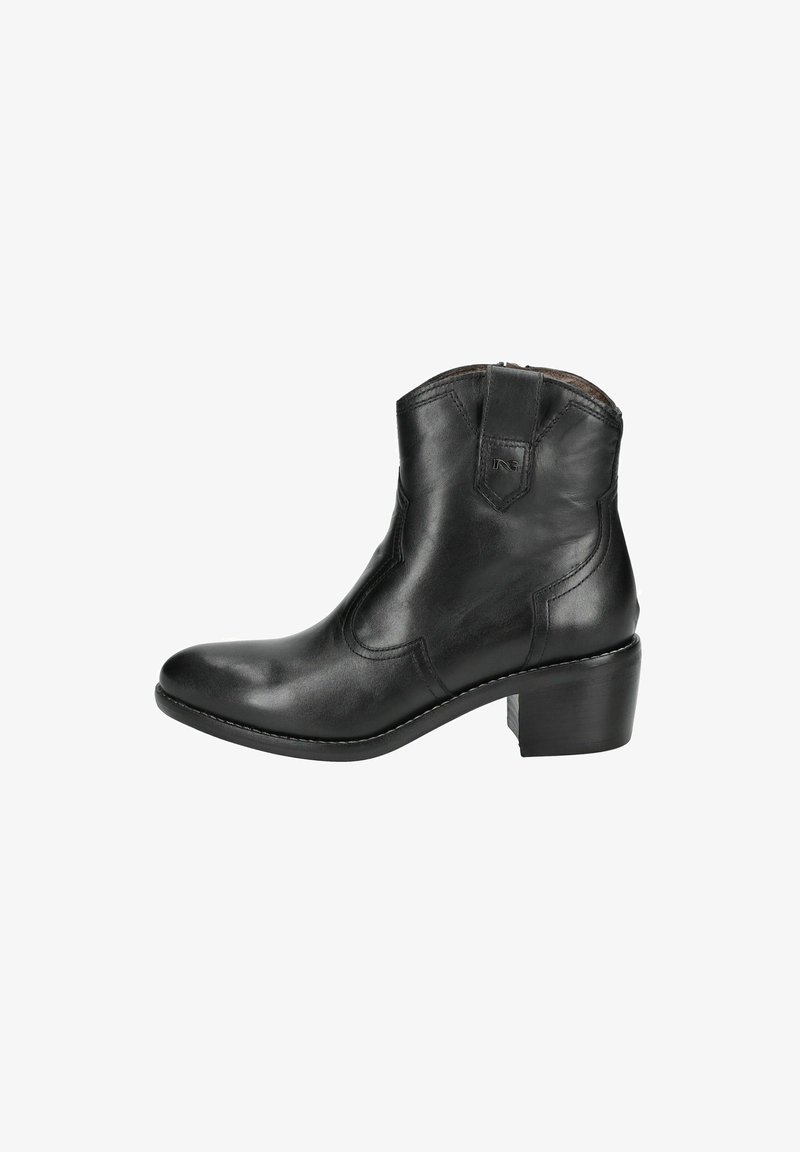 Black leather ankle boot with a rounded toe, low block heel, side zipper, and subtle stitching detail along the seams.